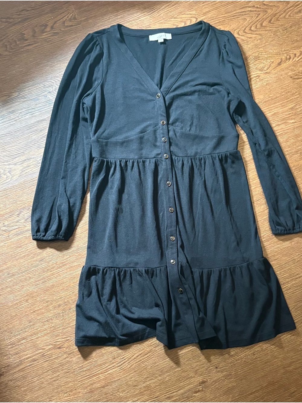 LOFT Black Button-Front V-Neck Tiered Mini Dress